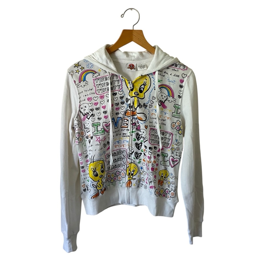 Vtg Looney Tunes Tweety Bird Y2K 90s Graffiti Retro Multicolor Zip Up Hoodie L - Picture 1 of 9